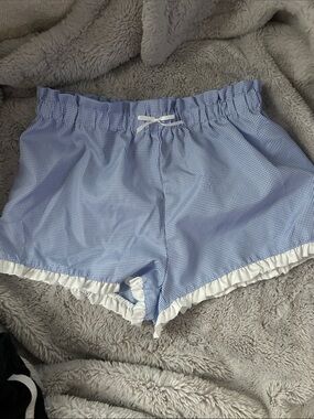 SHEIN Light Blue Gingham Ruffle Trim Pajama Shorts